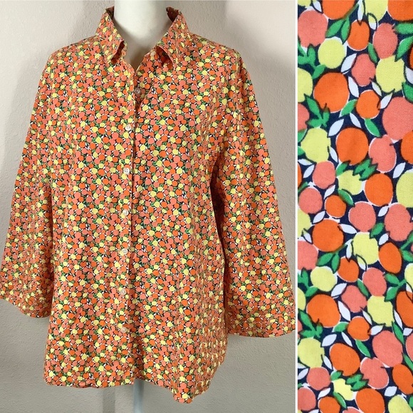 LANDS' END No-Iron Button Up Shirt Supima Poplin Citrus Print Resort Cruise 16 - Picture 10 of 10